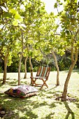 Bodenkissen und schlichter Klappstuhl aus Holz mit Streifenbezug in sommerlichem Garten