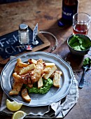 Fish and chips on pea and mint puree