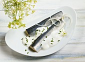 Herring fillets with a creamy sauce, dill flowers, onions and chives