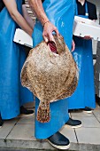 A fish seller holding a large turbot