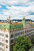 Art nouveau architecture by Ödön Lechner – the colourful pyrogranite roof of the former post office bank, Bundapest, Hungary