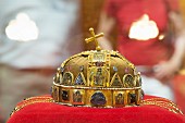 The Crown of Saint Stephen or the Holy Crown of Hungary in the Hungarian parliament building, Budapest