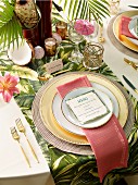 A place setting with a menu on an exotically laid table