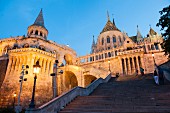 The fishermen's bastion at dusk, constructed between 1895 and 1902 in the neo-romantic style, Budapest, Hungary