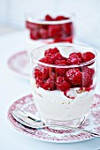 Yoghurt mousse with fresh raspberries on vintage plates