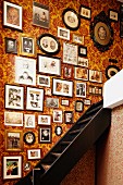 Collection of framed souvenir photos arranged on floral wallpaper alongside steep wooden staircase