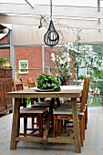 Rustic dining area in conservatory, potted herbs on wooden table below pendant lamp and white oleander bush against glass wall