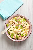 Tagliatelle with broad beans, ham and camembert