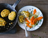 Millet and tofu cakes with a kohlrabi and carrot medley