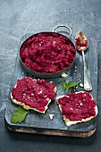 Beetroot spread on rice crackers