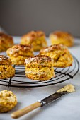 Cheese scones on a wire rack