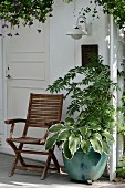Teak folding chair next to Rowan tree and hostas in glazed, turquoise pot on front veranda