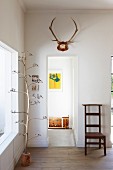 Tree sculpture, antlers and antique church chair around open doorway