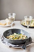 Spaghetti with courgette, chilli peppers and Parmesan cheese