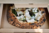 A pizza topped with mozzarella, basil and garlic in a food truck (USA)