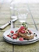 Grilled chops with thyme, ginger and braised rhubarb