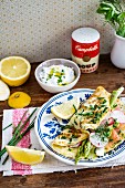 Crêpes with herbs, asparagus, radishes and smoked salmon