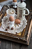 Eggs and cocoa on a breakfast tray
