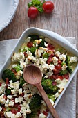 Broccoli bake with tomatoes and sheep's cheese