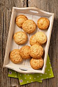 Macaroons on a wooden tray