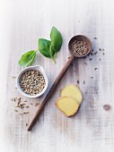 An arrangement of ginger, basil and fennel seeds