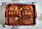 A brioche, pear and chocolate bake (seen from above)