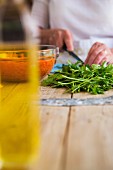 Parsley being chopped to make a Turkish carrot salad