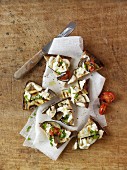 Bread canapes with grilled aubergines and mozzarella