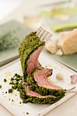 Lamb ribs with a basil and pistachio crust