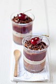 Chocolate layered desserts with cherry jam and fresh cherries
