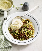 Mince meat hash with courgette and mashed potatoes