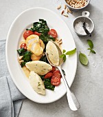 Basil dumplings with fried cod and vegetables