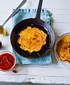 Cinnamon pancakes with homemade damson sauce