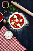 Ungebackene Pizza mit Tomaten, Mozzarella und Basilikum