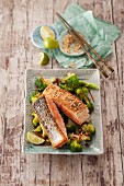 Sesame seed salmon with oriental broccoli, chilli and lime