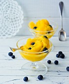 Mango and orange sorbet with ginger and blueberries