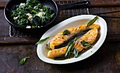 Salmon saltimboca with sage and gorgonzola-spinach