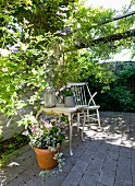 Sommerliche Terrasse mit berankter Pergola, Steinboden und Vintage Beistelltisch mit geschwungenen Tischbeinen