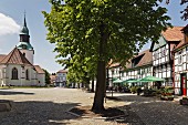 Beautiful, idyllic, half-timbered houses on the church square in Bad Essen
