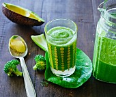 Avocado and fennel smoothie with broccoli, bok choy, green kale, black kale and cardamom