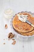 Pancakes with carrots, walnuts and cream cheese