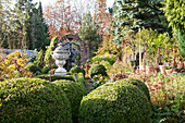 Landscaped garden with low box hedges and antique, stone Greek urn on plinth