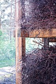 Bundles of brushwood in wooden frame against facade