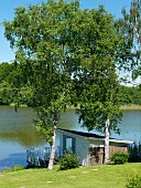 Zwei Birken und modernes weißes Seehäuschen mit Holzterrasse an malerischem See