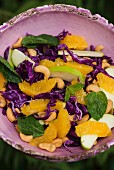 Red cabbage salad with oranges, apples and cashew nuts