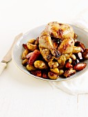 Oven-grilled chicken with an orange and honey glaze and roasted vegetables