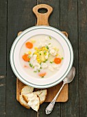 Cauliflower and potato soup with sweetcorn and carrots
