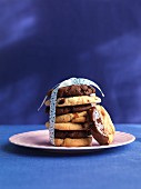 A stack of cookies tied with a ribbon