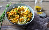 Spaghetti with carrots and curried lentils