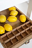 Lemons in vintage wooden tray